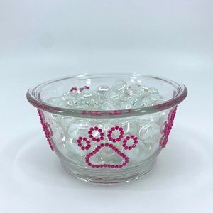 Dog, cat, pet small water, food glass bowl. Pink paws.